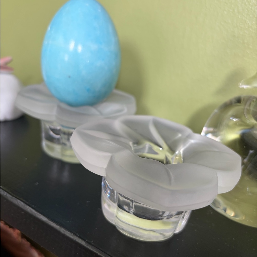 Two Vtg French Lead Crystal, Frosted Floral Egg or Candle Holder, Salt Cellar